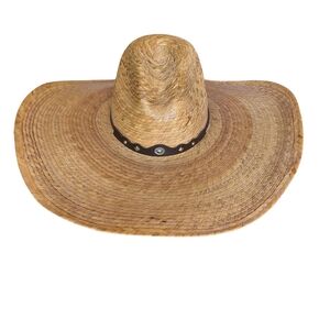 Wide Brim Straw Cowboy Hat • Studded Leather Band  • Western Boho